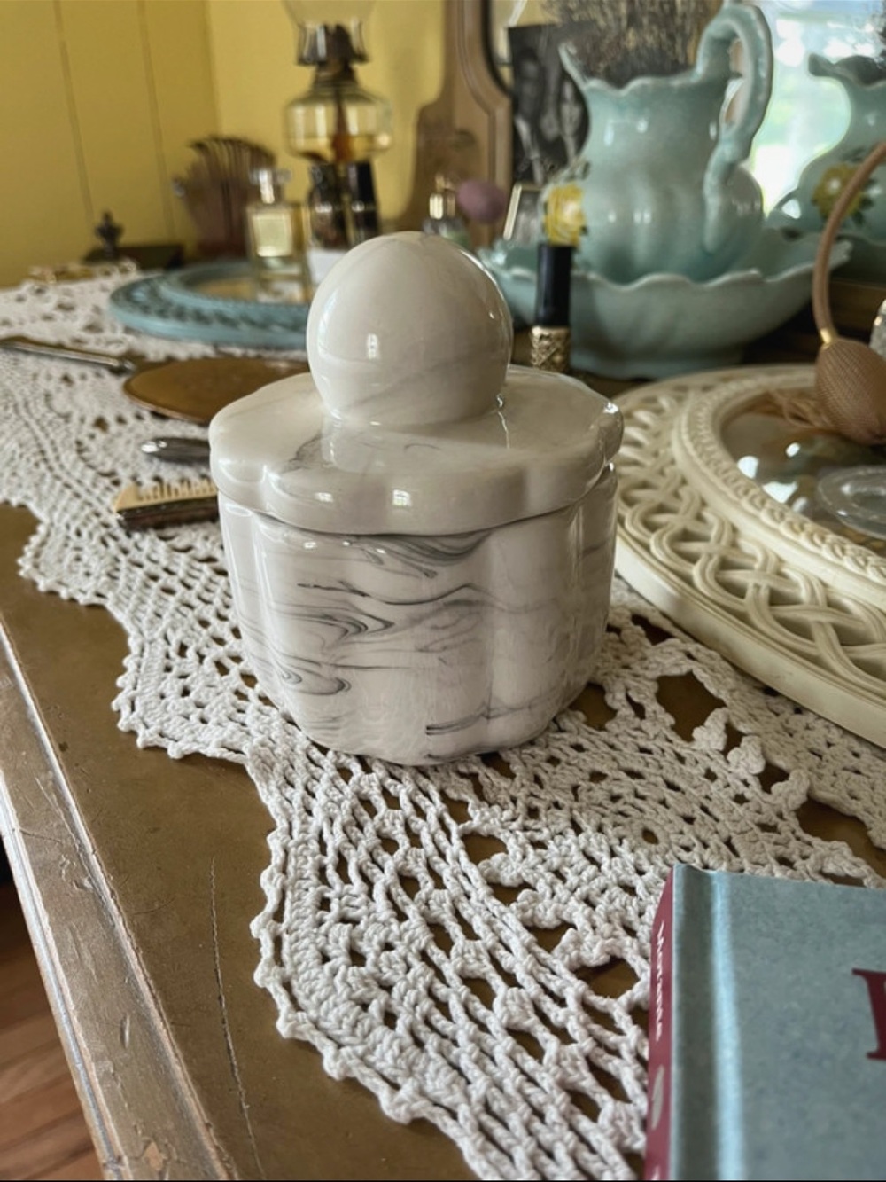 Marbled White Ceramic Jar with Lid NEW